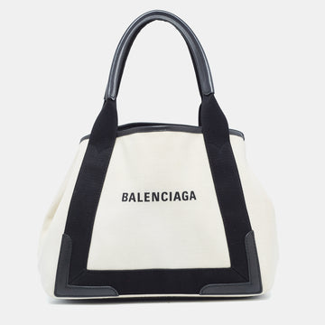 BALENCIAGA Black/Off White Canvas and Leather Small Cabas Tote