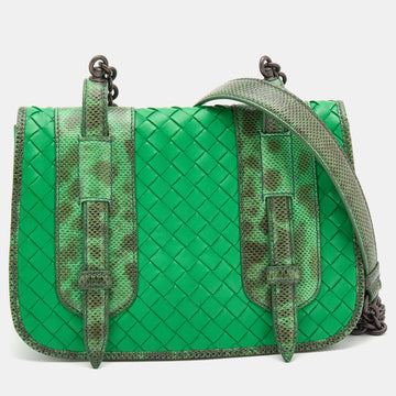 Bottega Veneta Green Karung and Leather Shoulder Bag