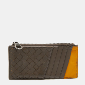 Bottega Veneta Brown/Yellow Intrecciato Leather Zip Card Holder
