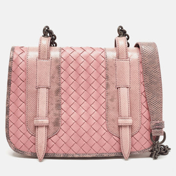 BOTTEGA VENETA Pink Karung and Intrecciato Leather Flap Crossbody Bag