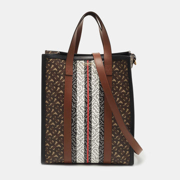 Burberry Brown TB Monogram Stripe Coated Canvas and Leather Portrait Tote