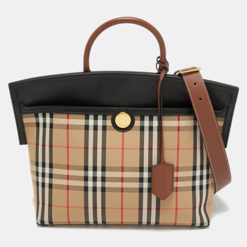 Burberry Brown Vintage Check Canvas and Leather Society Top Handle Bag