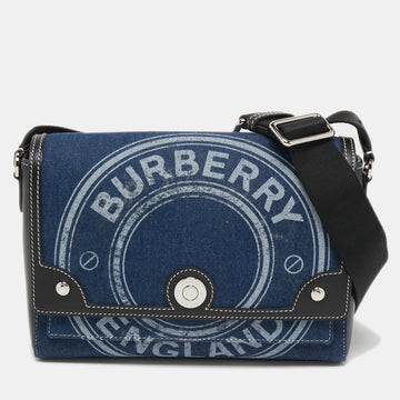 Burberry Blue/Black Denim And Leather Medium Note Logo Print Crossbody Bag