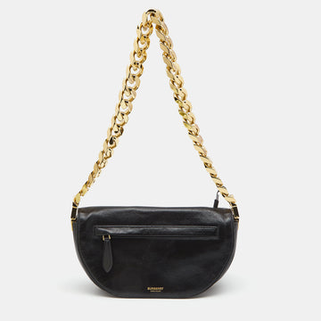 BURBERRY Black Soft Leather Small Olympia Shoulder Bag