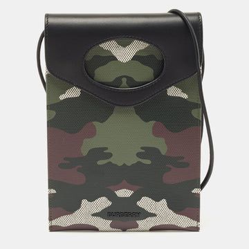 BURBERRY Green Camouflage Print Coated Canvas and Leather Crossbody Bag