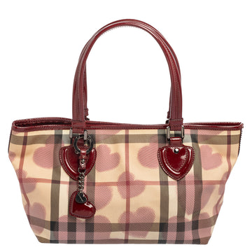 Burberry Red/Beige House Check Heart PVC and Patent Leather Open Tote