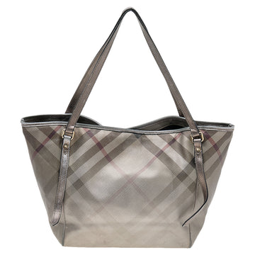 Burberry Metallic Grey Nova Check Coated Canvas And Leather Canterbury Tote