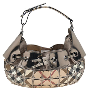Burberry Metallic Grey/Beige Nova Check Coated Canvas And Patent Leather Small Warrior Hobo