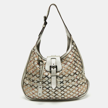 Burberry Silver/Beige Grey Haymarket Check Coated Canvas and Leather Brooke Hobo
