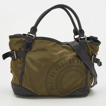 Burberry Green/Black Nylon and Leather Tote