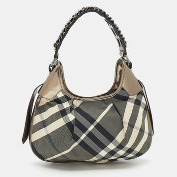 Burberry Grey/Metallic Beat Check Nylon and Patent Leather Small Brooklyn Hobo