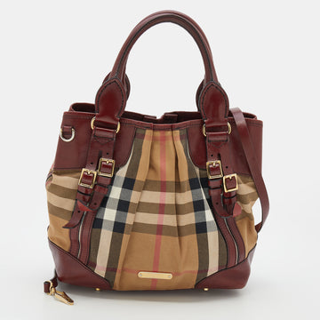 Burberry Burgundy House Check Fabric Bridle Whipstitch Tote
