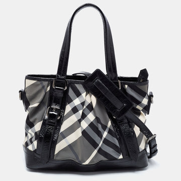 Burberry Grey/Black Beat Check Nylon and Patent Leather Lowry Tote