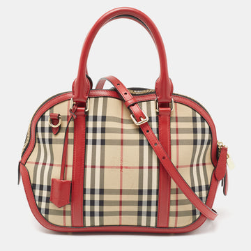 Burberry Beige/Red Horseferry Check Canvas and Leather Small Orchard Bowler Bag