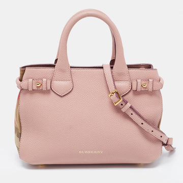 Burberry Pink/Beige Leather and House Check Canvas Small Banner Tote