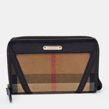 Burberry Black/Beige House Check Canvas and Leather Zip Around Wallet
