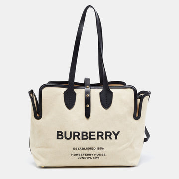 Burberry Off White/Black Canvas and Leather Medium Belt Tote