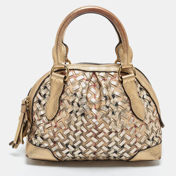 Burberry Metallic Gold Woven Haymarket check PVC and Leather Small Thornley Satchel