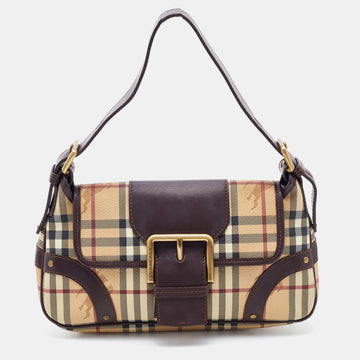 Burberry Beige/Brown Haymarket Check Coated Canvas and Leather Buckle Flap Shoulder Bag