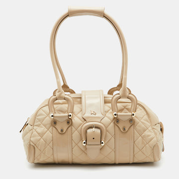 BURBERRY Beige Quilted Nylon and Patent Leather Manor Satchel