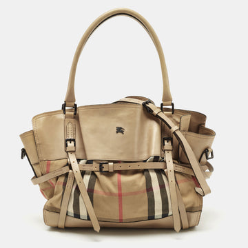 BURBERRY Beige Leather and Canvas Bridle House Check Canvas Satchel