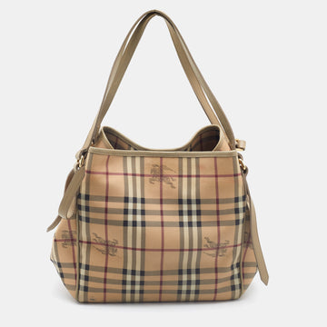 BURBERRY Beige Haymarket Check Coated Canvas and Leather Small Canterbury Tote