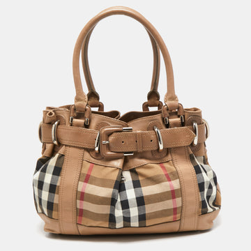 BURBERRY Beige House Check Canvas and Leather Large Beaton Tote