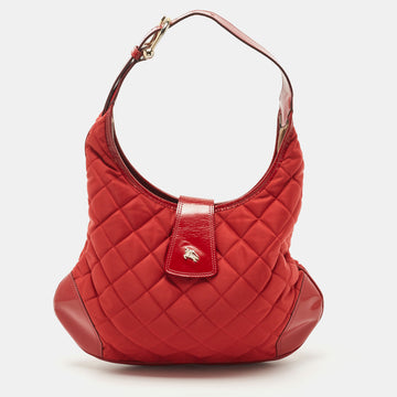 BURBERRY Red Quilted Nylon and Patent Leather Brooke Hobo