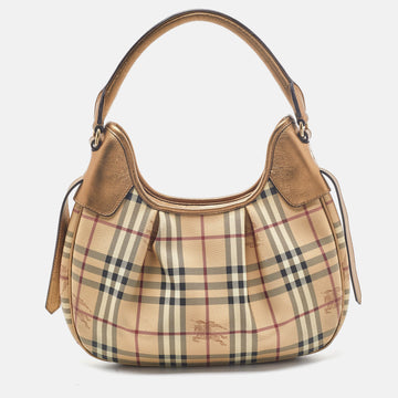 BURBERRY Beige/Gold Haymarket Check PVC and Leather Brooklyn Hobo