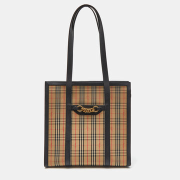 BURBERRY Beige/Black Haymarket Check Canvas and Leather Trim 1983 Link Tote