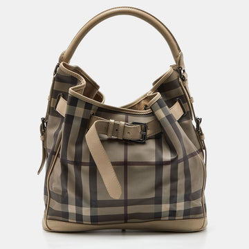 BURBERRY Beige Smoked Check PVC and Leather Walden Hobo