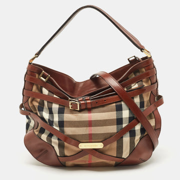 BURBERRY Brown House Check Canvas and Leather Small Bridle Dutton Hobo