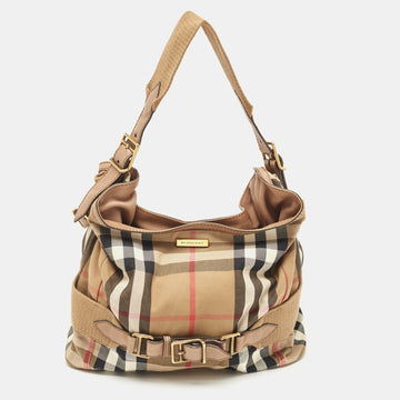BURBERRY Beige House Check Canvas and Leather Brecon Hobo