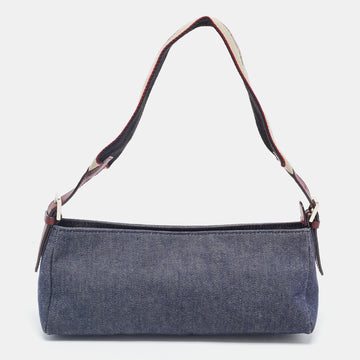 BURBERRY Blue Denim and Leather Baguette Bag