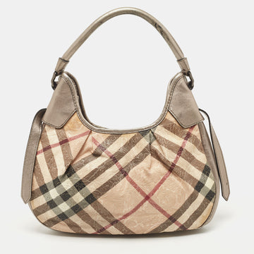 BURBERRY Silver/Beige Floral Embossed Supernova Check PVC and Leather Small Brooklyn Hobo