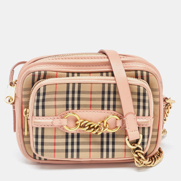 BURBERRY Beige/Pink 1983 Knight Check Canvas and Leather Link Camera Bag