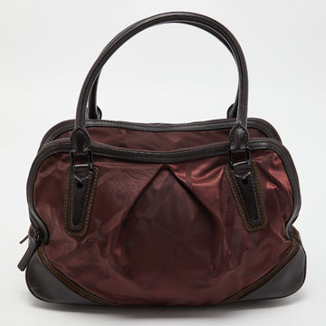 BURBERRY Burgundy/Brown Check Nylon and Leather Double Zip Satchel