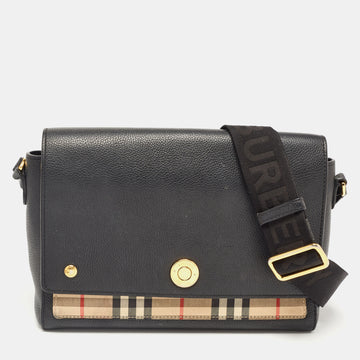 BURBERRY Black/Beige Check Canvas and Leather Note Shoulder Bag