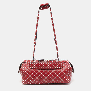 VALENTINO Red Leather Rockstud Spike Duffel Bag
