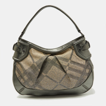 BURBERRY Metallic Grey Beat Check Canvas and Leather Hobo