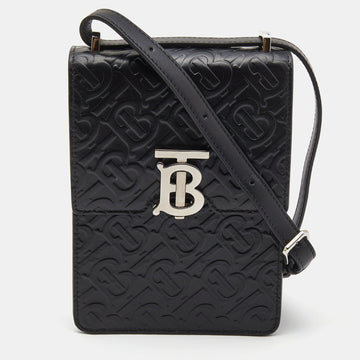 BURBERRY Black Monogram Embossed Leather Robin Crossbody Bag