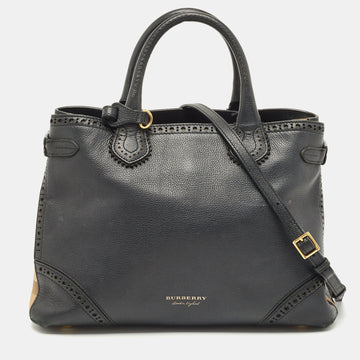 BURBERRY Black Leather and House Check Fabric Banner Tote