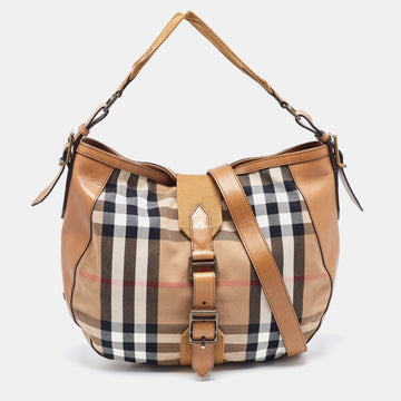 BURBERRY Tan/Beige House Check Canvas and Leather Hobo
