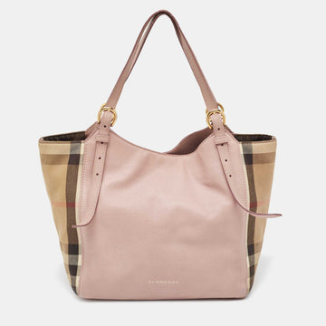 BURBERRY Pink/Beige House Check Fabric and Leather Small Canterbury Tote