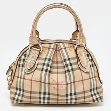 BURBERRY Gold/Beige Haymarket Check PVC and Leather Thornley Satchel