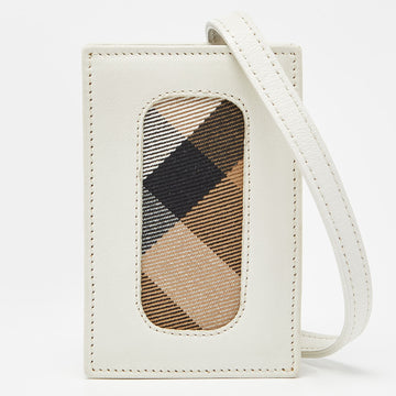 BURBERRY White Leather and Check Canvas Card Holder with Strap