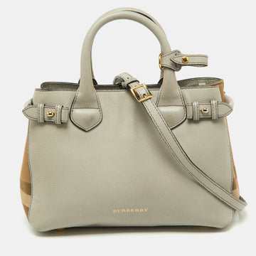 BURBERRY Grey/Beige Leather and House Check Fabric Small Banner Tote