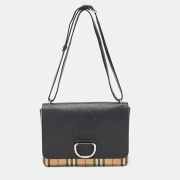 BURBERRY Black/Beige House Check Fabric and Leather D Ring Shoulder Bag