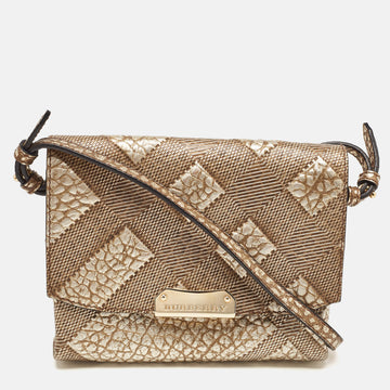 BURBERRY Gold Embossed Check Leather Flap Crossbody Bag