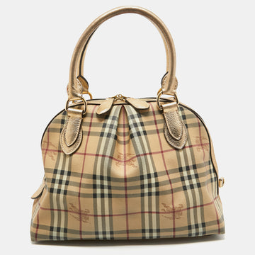 BURBERRY Gold/Beige Haymarket Check Coated Canvas and Leather Thornley Satchel